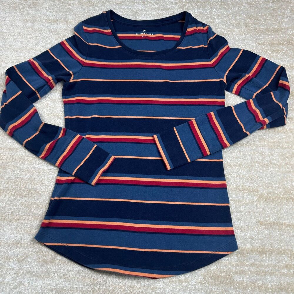 Denver Hayes Shirt Womens M Striped Long Sleeve Scoop Neck Cotton Stretch Navy